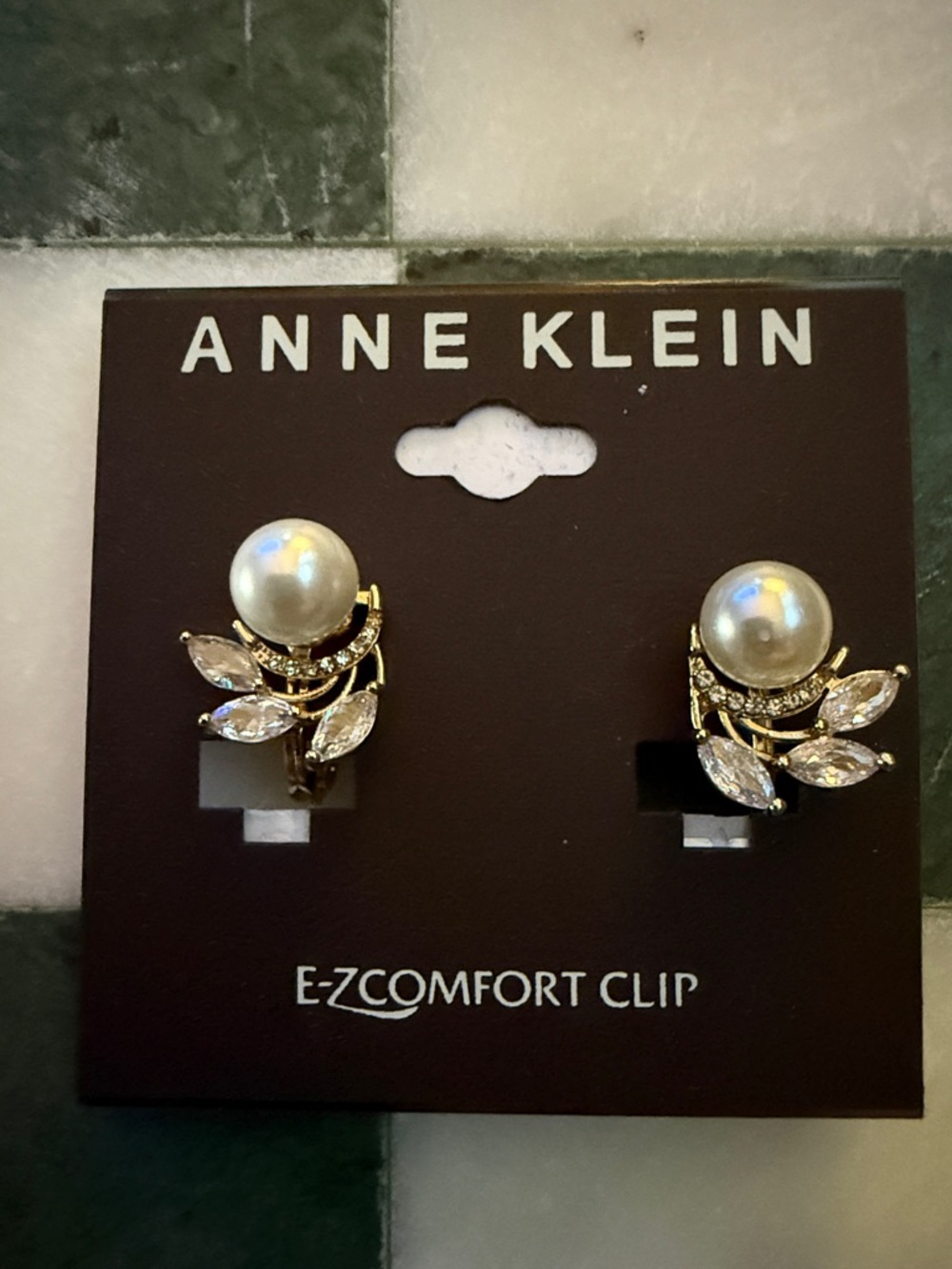 Anne Klein Gold-Tone Pearl and Crystal Leaf Clip-On Earrings
